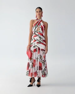 Carolina Herrera Rose-Print Chiffon Midi Dress in Ivory/Multi, Size 2