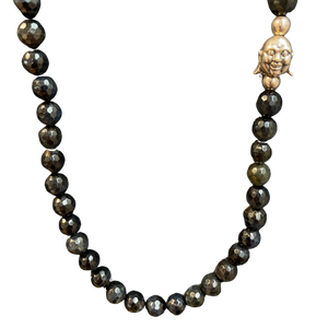 King Baby Studio Smiling Buddha and Faceted Blue Tiger Eye Bead Necklace, 34"
