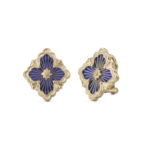 Buccellati Opera Tulle 18K Yellow Gold Blue Enamel Button Earrings, Medium