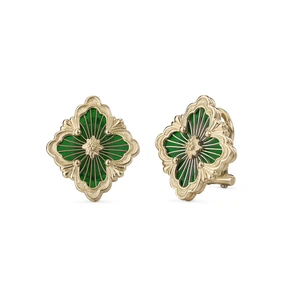 Buccellati Opera Tulle 18K Yellow Gold Green Enamel Button Earrings, Medium