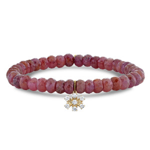 Sydney Evan 14K Yellow Gold & Diamond Marquis Eye Flower Charm on Pink Sapphire Faceted Rondelle Bead Bracelet