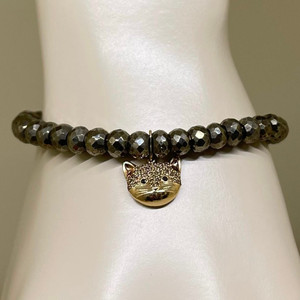 Sydney Evan 14K Yellow Gold & Diamond Cat Charm on Pyrite Champagne Faceted Rondelle Bead Bracelet