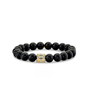 Sydney Evan 14K Yellow Gold & Diamond Stacked Baguette & Bezel Rondelle on Smooth Onyx Bead Bracelet