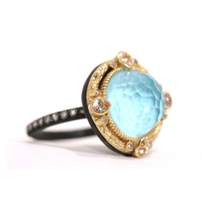Armenta 18K Yellow Gold and Blackened Sterling Silver Turquoise and Quartz Ring, Size 6.5
