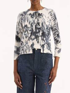 Oscar de la Renta Printed Dotted Palm Cardigan Twinset With Ties in Navy/White, Size X-Large