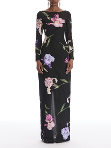 *VIRTUAL TRUNK SHOW* Oscar de la Renta Long Sleeve Large Painted Iris Fil Coupe Gown