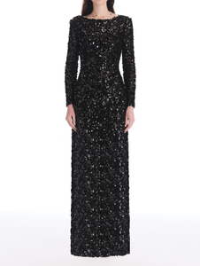 *VIRTUAL TRUNK SHOW* Oscar de la Renta Long Sleeve Velvet Paillettes Chiffon Gown