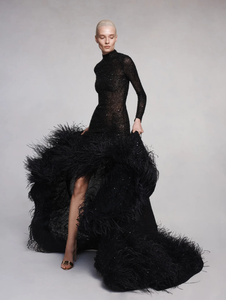 *VIRTUAL TRUNK SHOW* Oscar de la Renta Long Sleeve Mixed All Over Beaded High Low Gown