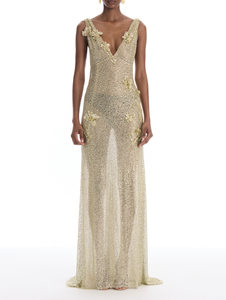 *VIRTUAL TRUNK SHOW* Oscar de la Renta Sleeveless V Neck Crystal All Over Embroidered Gown