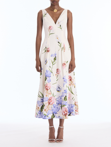 *VIRTUAL TRUNK SHOW* Oscar de la Renta Sleeveless V Neck Large Iris Degrade Poplin Dress