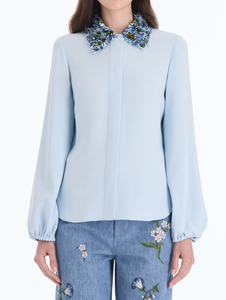 *VIRTUAL TRUNK SHOW* Oscar de la Renta Long Sleeve Beaded Iris Embroidered Collar Georgette Blouse