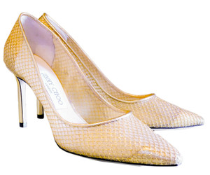 Jimmy Choo Romy 85 Patent Mesh Pumps in Gold