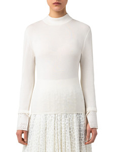 Akris Long Sleeve Eyelet Cuff Sweater in Ecru, Size 4 Akris Long Sleeve Eyelet Cuff Sweater in Ecru, Size 4