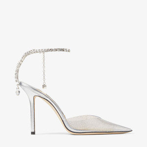 Jimmy Choo Saeda 100 Glitter Plexi Pumps with Crystal Embellishment in Silver/Crystal Jimmy Choo Saeda 100 Glitter Plexi Pumps with Crystal Embellishment in Silver/Crystal