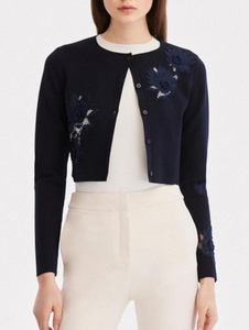 Oscar de la Renta Lace Inset Cardigan in Navy, Size Small Oscar de la Renta Lace Inset Cardigan in Navy, Size Small