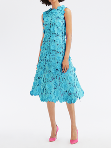 Oscar de la Renta Floral Appliqué Lace Dress in Sky Blue, Size 6