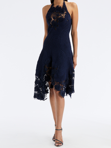 Oscar de la Renta Hand Crocheted Halter Lace Inset Dress in Navy, Size Small Oscar de la Renta Hand Crocheted Halter Lace Inset Dress in Navy, Size Small