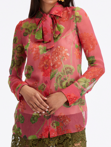 Oscar de la Renta Long Sleeve Tie Front Geranium Chiffon Blouse in Red/Geranium, Size 16 Oscar de la Renta Long Sleeve Tie Front Geranium Chiffon Blouse in Red/Geranium, Size 16