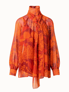 Akris Abraham Flower Silk Georgette Blouse in Ruby Red Multicolor, Size 16 Akris Abraham Flower Silk Georgette Blouse in Ruby Red Multicolor, Size 16