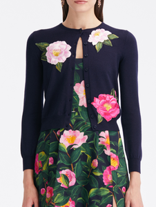 Oscar de la Renta Camellia Threadwork Cardigan in Pink/Navy, Size Medium Oscar de la Renta Camellia Threadwork Cardigan in Pink/Navy, Size Medium