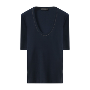 Fabiana Filippi Elbow Sleeve Scoop Neck Ribbed T-Shirt in Midnight Blue, Size 42 Fabiana Filippi Elbow Sleeve Scoop Neck Ribbed T-Shirt in Midnight Blue, Size 42