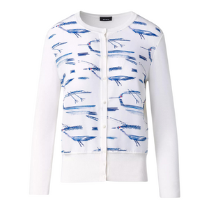 Akris Silk Knit Cardigan with Kasuri Birds Print in Ecru/Denim Akris Silk Knit Cardigan with Kasuri Birds Print in Ecru/Denim