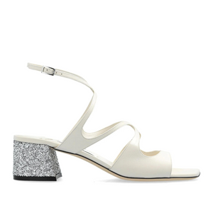 Jimmy Choo Azilia 45 Nappa Leather Sandals with Glitter Heel in Latte/Silver Jimmy Choo Azilia 45 Nappa Leather Sandals with Glitter Heel in Latte/Silver