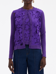 Oscar de la Renta Long Sleeve Peony Guipure Inset Cardigan in Violet, Size Medium Oscar de la Renta Long Sleeve Peony Guipure Inset Cardigan in Violet, Size Medium