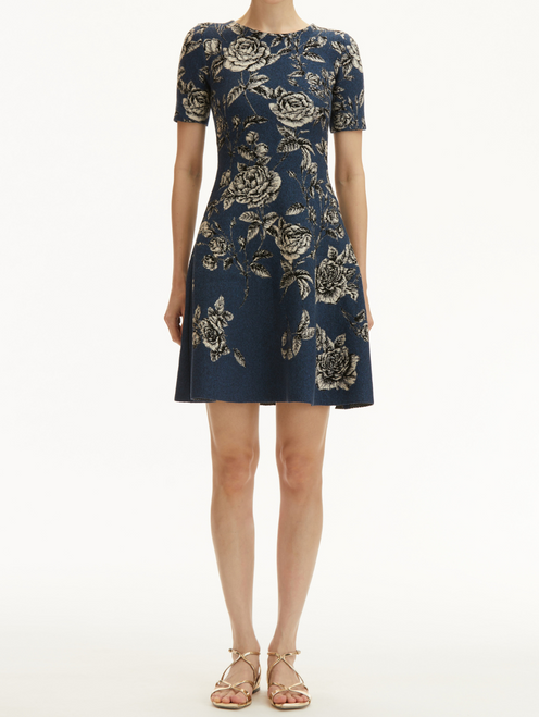 Oscar de la Renta Rose Printed Jacquard Dress in White/Indigo