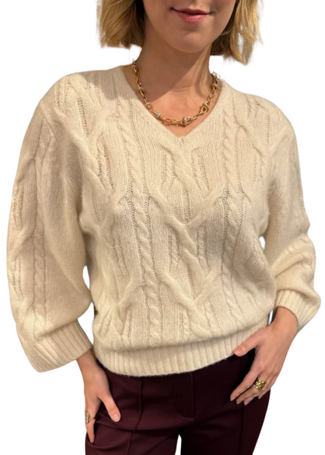 Iris Von Arnim Sheila Cashmere Silk V-Neck Sweater in Ecru, Size Medium