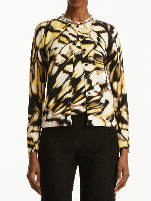 Oscar de la Renta Abstract Butterfly Printed Cardigan in Black Multi, Size Large