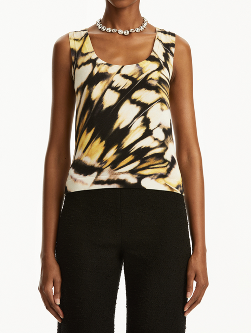 Oscar de la Renta Abstract Butterfly Printed Tank in Black Multi, Size Large