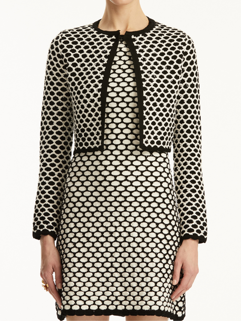 Oscar de la Renta Honeycomb Sequin Knit Jacket in White/Black, Size Small