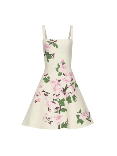 Oscar de la Renta Cherry Blossom Jacquard Dress in Pink/Ecru, Size Small
