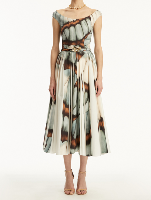 Oscar de la Renta Scoop Neck Butterfly Poplin Pleated Dress in Blue Multi, Size 6