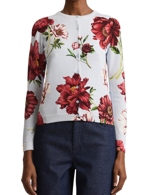 Oscar de la Renta Peony Printed Cardigan in Blue Quartz, Size Medium