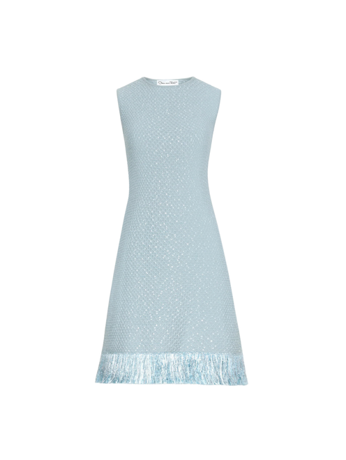 Oscar de la Renta Sequin Tweed Fringe Dress in Blue Quartz, Size Small