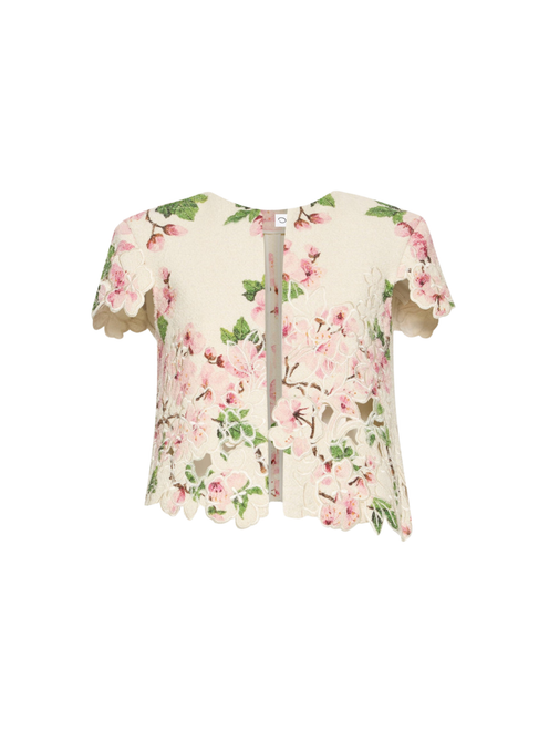 Oscar de la Renta Cherry Blossom Tweed Jacket in Pink/Ivory, Size 4