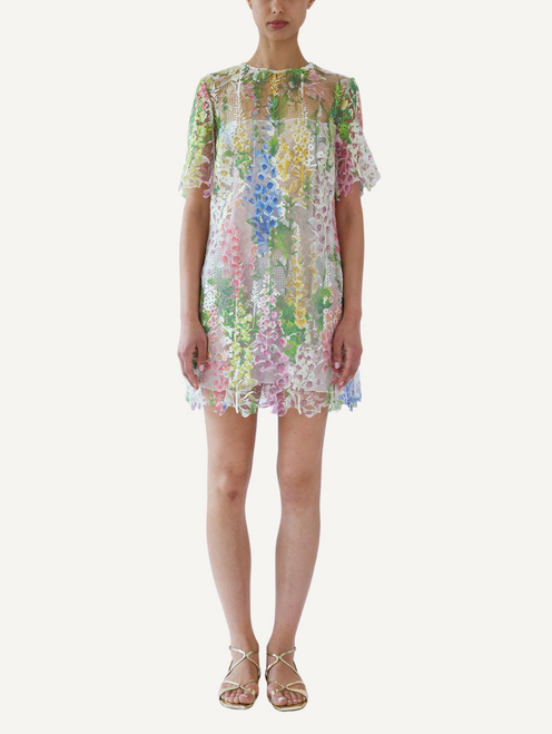 Oscar de la Renta Short Sleeve Foxglove Guipure Day Dress in White Multi, Size 2