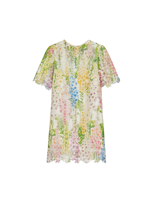 Oscar de la Renta Short Sleeve Foxglove Guipure Day Dress in White Multi, Size 2