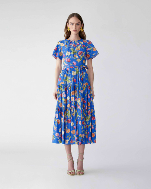 Carolina Herrera Poppy-Print Tiered Midi Dress with Sash in Bluebell Multi, Size 12