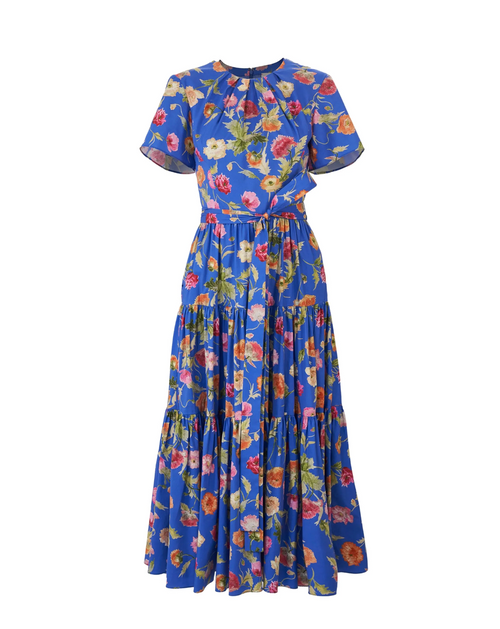 Carolina Herrera Poppy-Print Tiered Midi Dress with Sash in Bluebell Multi, Size 12