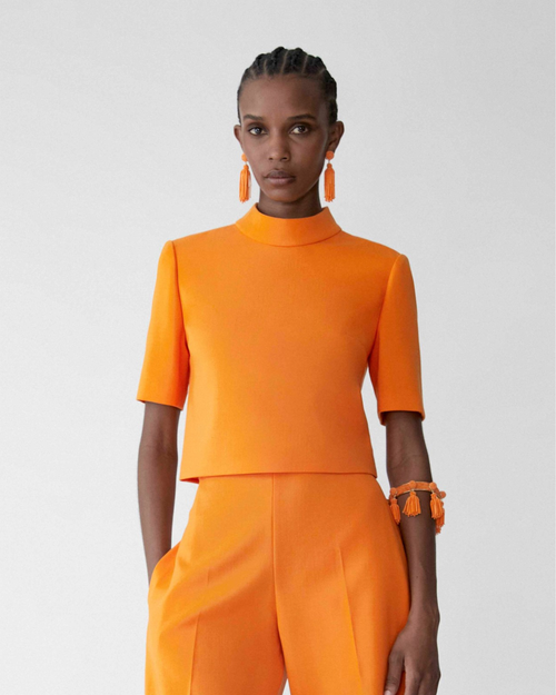 Carolina Herrera Short-Sleeve Mock Neck Top in Tiger Lily, Size 4