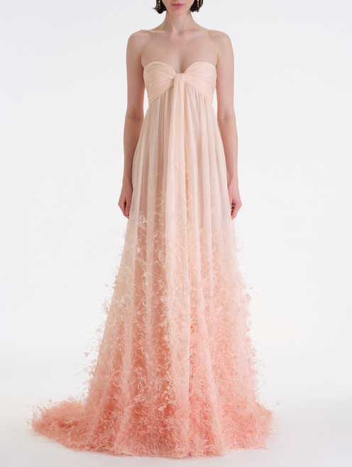 *VIRTUAL TRUNK SHOW* Oscar de la Renta Strapless Feather Detail Silk Chiffon Gown