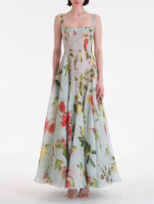 *VIRTUAL TRUNK SHOW* Oscar de la Renta Sleeveless Chine Multi Floral Silk Gazar Gown