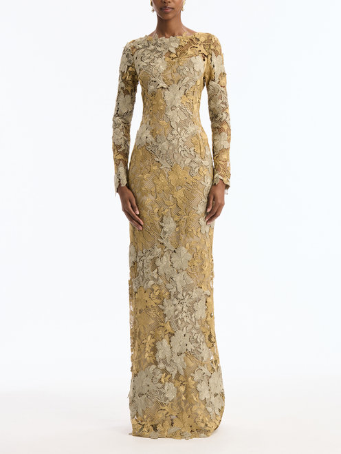 *VIRTUAL TRUNK SHOW* Oscar de la Renta Long Sleeve Metallic Hibiscus Guipure Gown