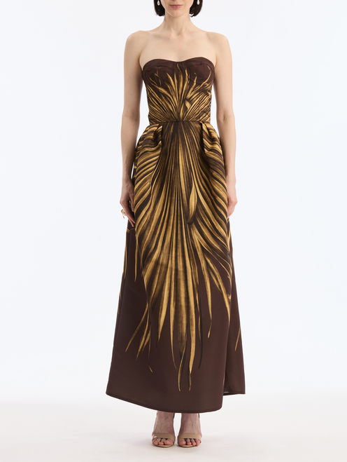 *VIRTUAL TRUNK SHOW* Oscar de la Renta Sleeveless Bustier Palm Print Faille Cocktail Dress