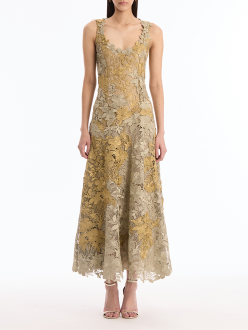 *VIRTUAL TRUNK SHOW* Oscar de la Renta Sleeveless Metallic Hisbiscus Guipure Dress