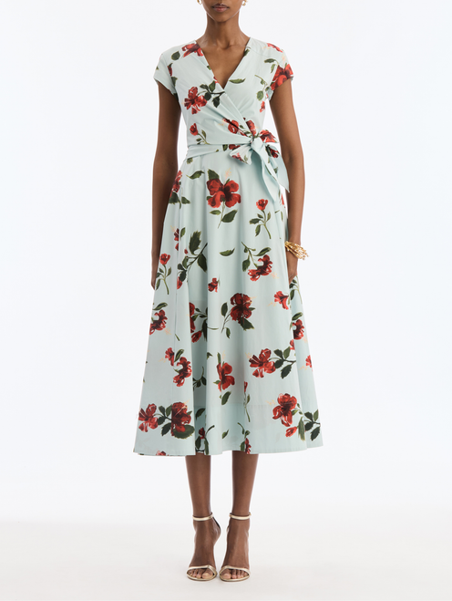 *VIRTUAL TRUNK SHOW* Oscar de la Renta Cap Sleeve Hibiscus Cotton Poplin Wrap Dress