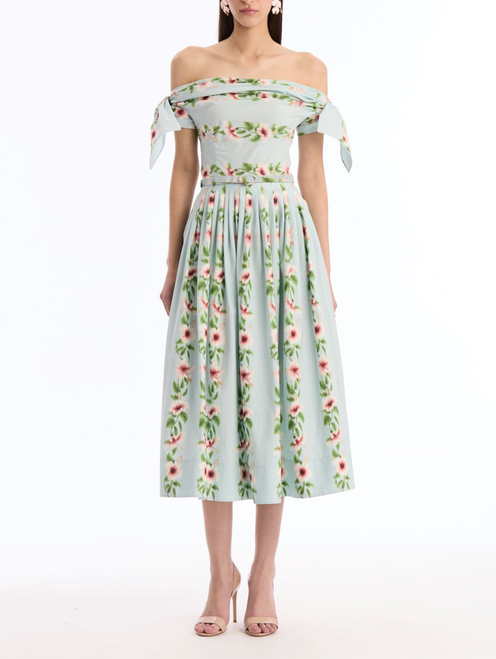 *VIRTUAL TRUNK SHOW* Oscar de la Renta Off Shoulder Hibiscus Stripes Poplin Day Dress